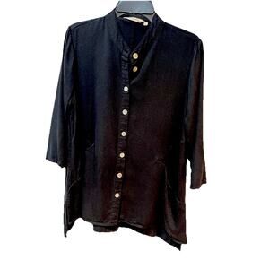 Soft Surroundings Women’s Long Black Tunic Top Size LARGE Mother O Pearl Buttons